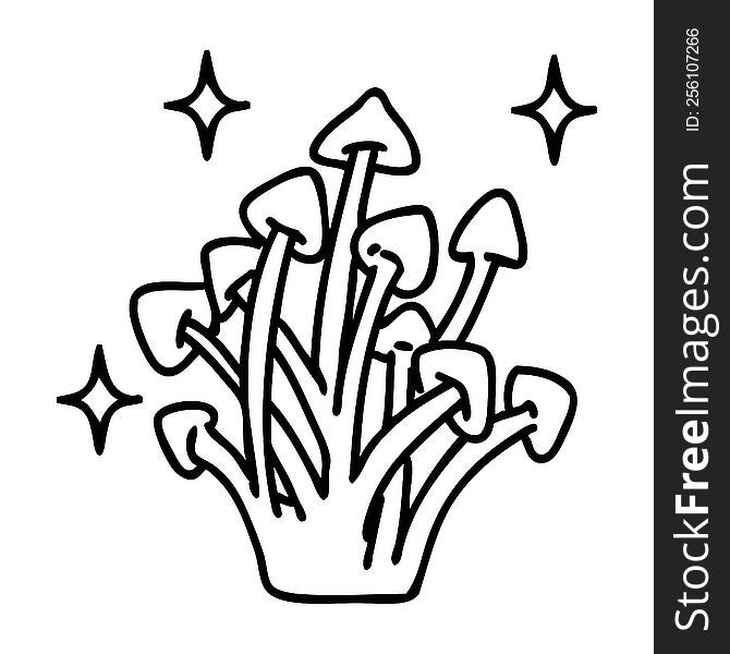 line doodle of magic mushrooms happily growing in the wild. line doodle of magic mushrooms happily growing in the wild