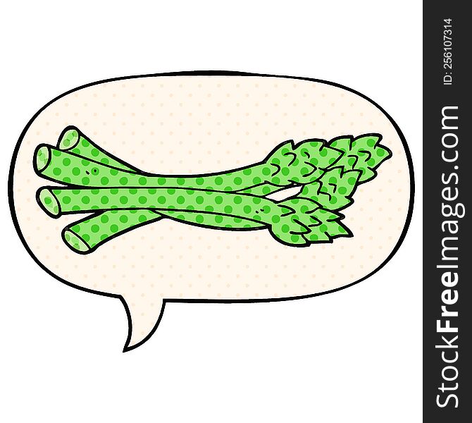 cartoon asparagus with speech bubble in comic book style