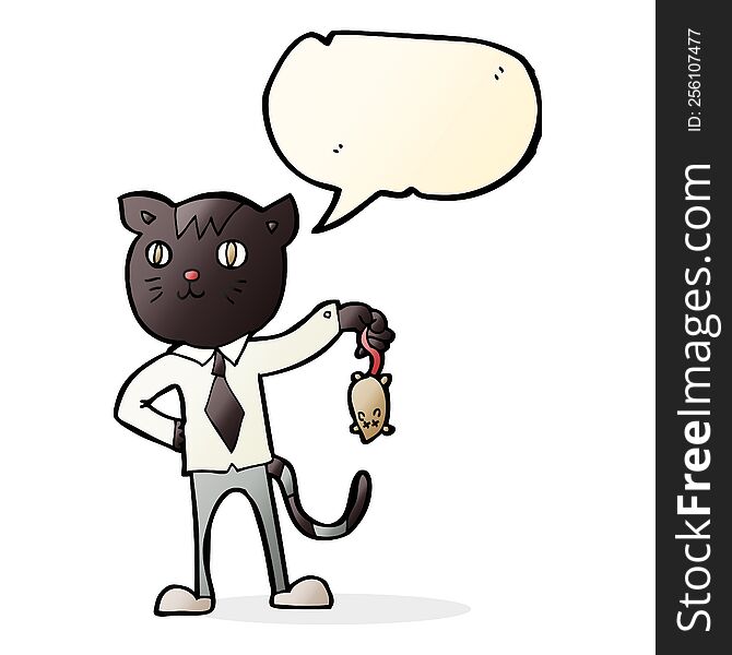 Cartoon Business Cat With Dead Mouse With Speech Bubble