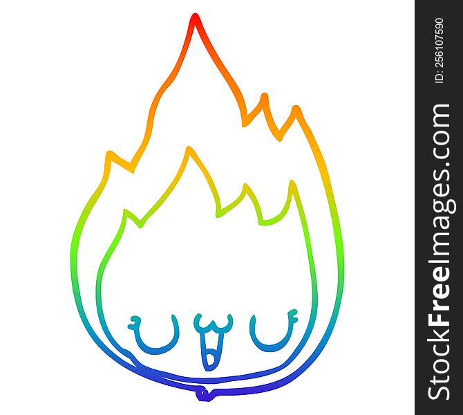 rainbow gradient line drawing of a cartoon flame with face