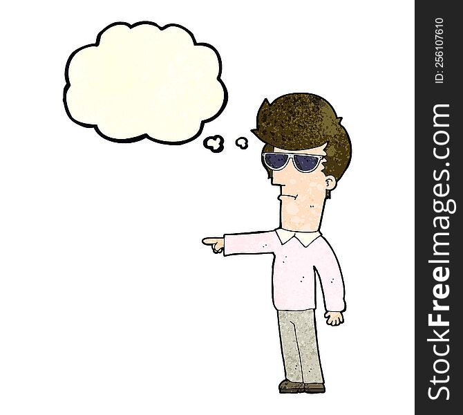 cartoon man in glasses pointing with thought bubble