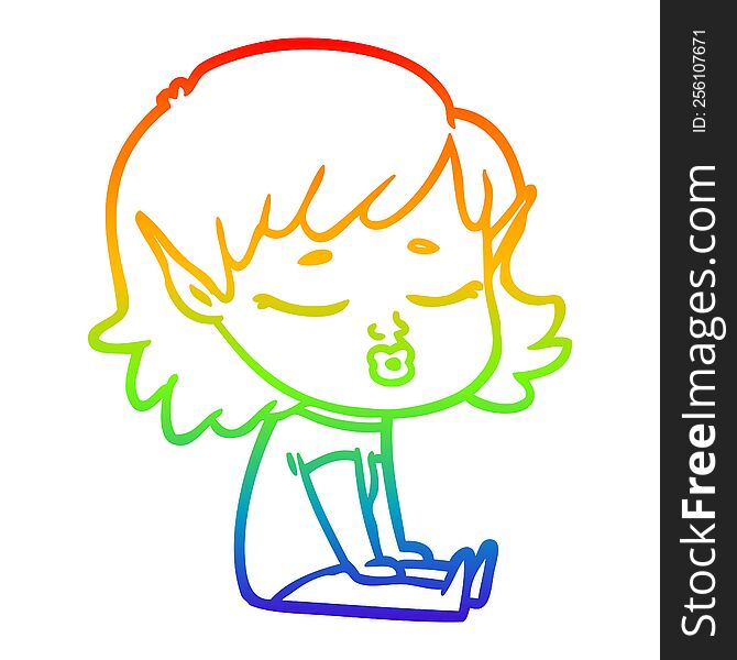 Rainbow Gradient Line Drawing Pretty Cartoon Elf Girl Sitting