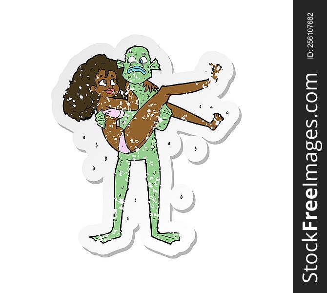 retro distressed sticker of a cartoon swamp monster carrying woman in bikini