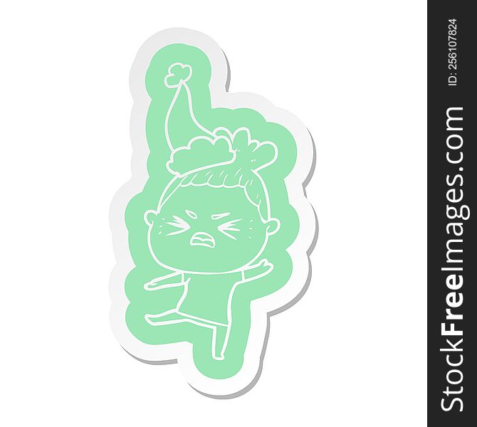 Cartoon  Sticker Of A Angry Woman Wearing Santa Hat
