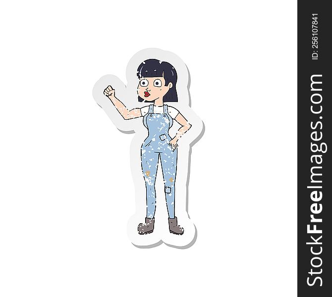 retro distressed sticker of a cartoon woman clenching fist
