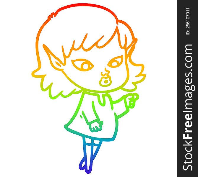 Rainbow Gradient Line Drawing Pointing Cartoon Elf Girl