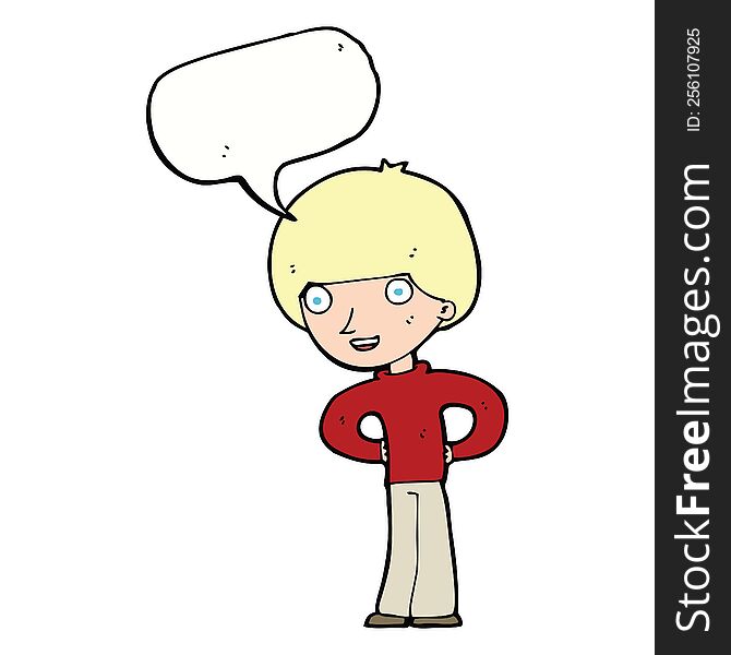 Cartoon Happy Boy With Hands On Hips With Speech Bubble