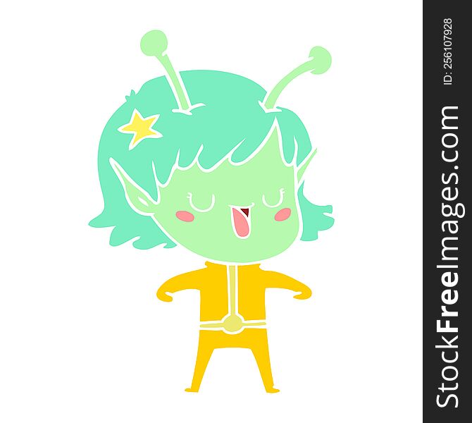 Happy Alien Girl Flat Color Style Cartoon