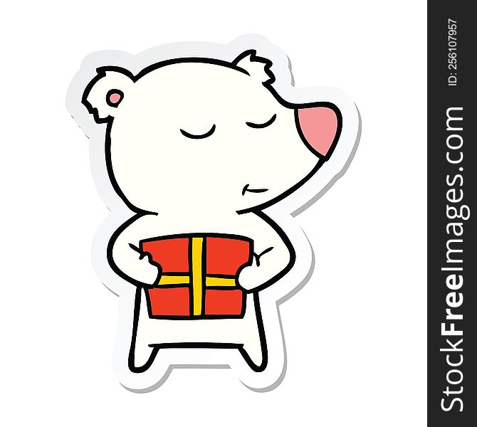 Sticker Of A Happy Cartoon Polar Bear With Present
