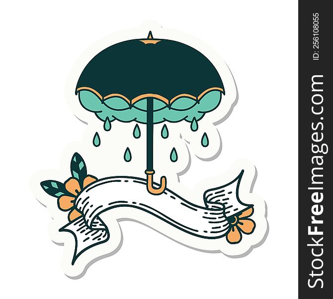 Tattoo Sticker With Banner Of An Umbrella And Storm Cloud
