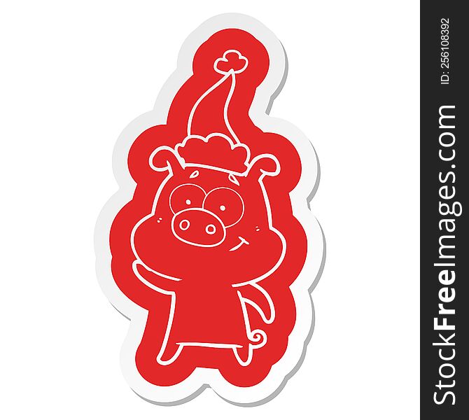Happy Cartoon  Sticker Of A Pig Wearing Santa Hat