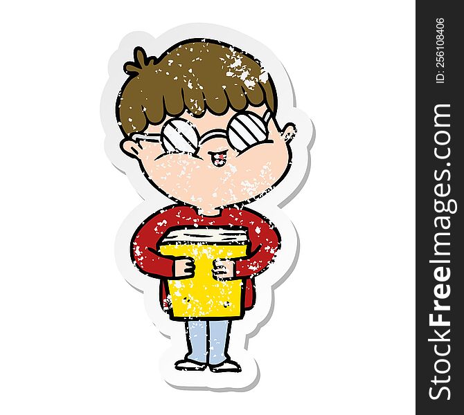 distressed sticker of a cartoon boy wearing spectacles carrying book