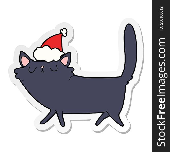 Sticker Cartoon Of A Black Cat Wearing Santa Hat