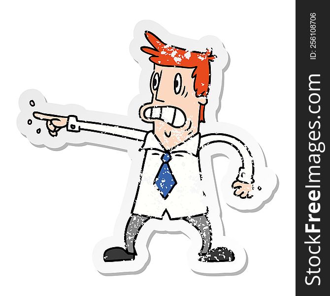 hand drawn distressed sticker cartoon doodle man pointing looking worried