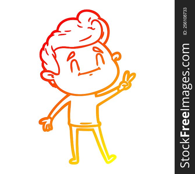 warm gradient line drawing of a happy cartoon man giving a peace sign
