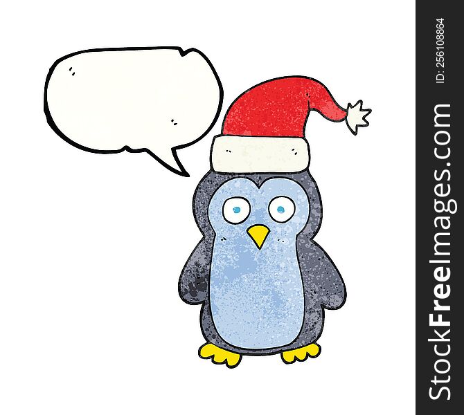 freehand speech bubble textured cartoon christmas penguin