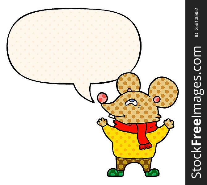 cartoon mouse wearing scarf with speech bubble in comic book style