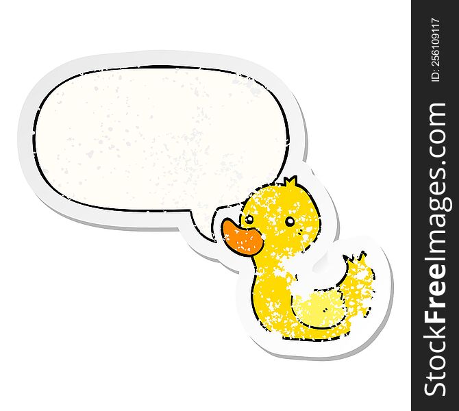 cartoon duck with speech bubble distressed distressed old sticker. cartoon duck with speech bubble distressed distressed old sticker