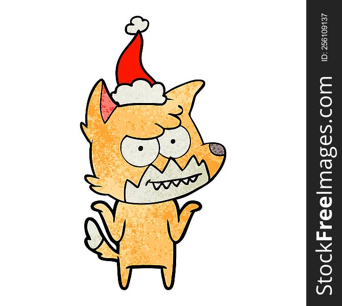 Textured Cartoon Of A Grinning Fox Wearing Santa Hat
