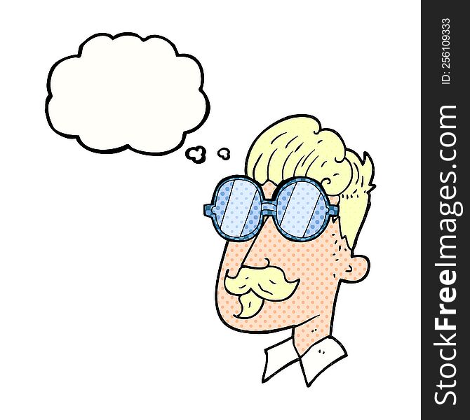freehand drawn thought bubble cartoon man with mustache and spectacles
