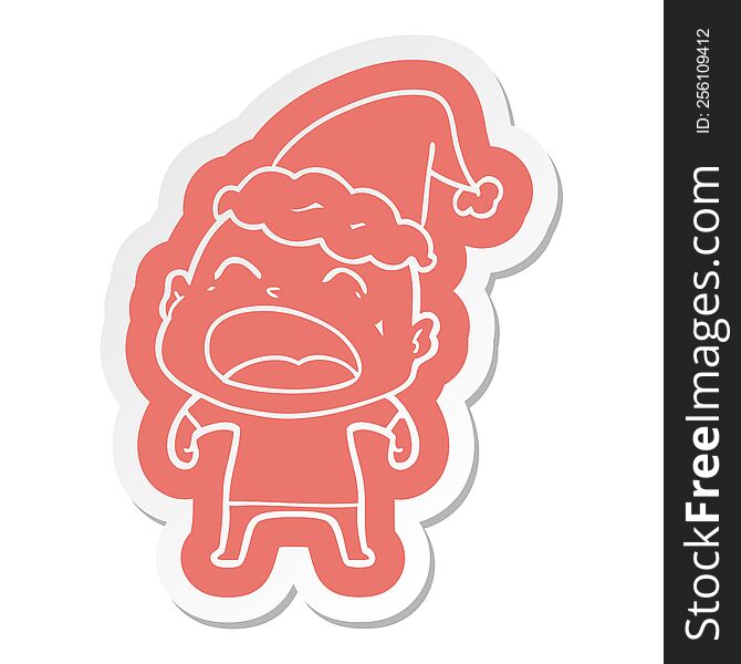 Cartoon  Sticker Of A Shouting Bald Man Wearing Santa Hat