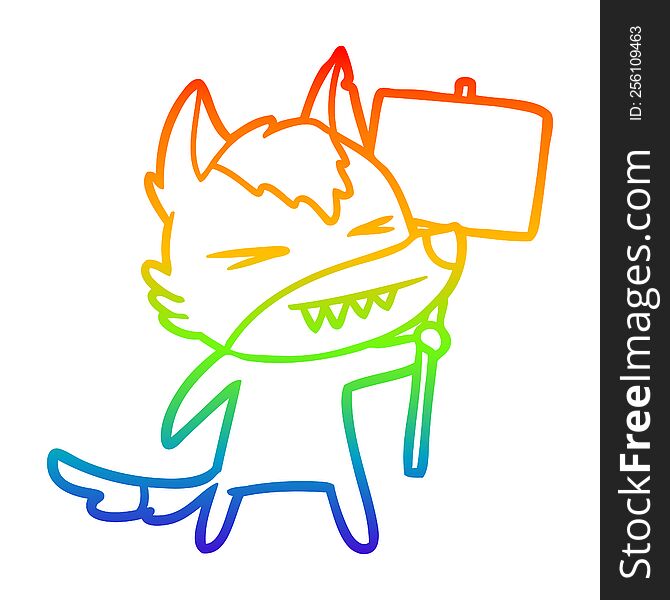 rainbow gradient line drawing of a angry wolf cartoon with placard