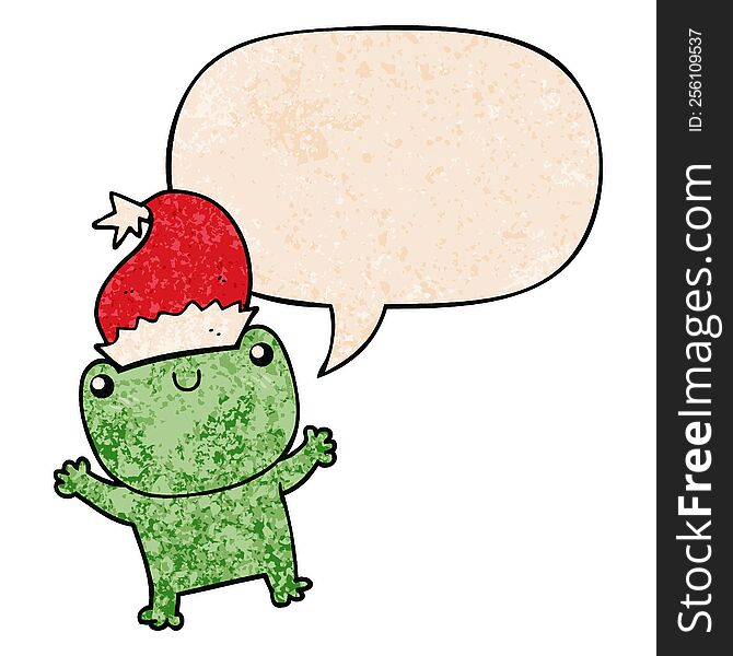 cute cartoon frog wearing christmas hat with speech bubble in retro texture style