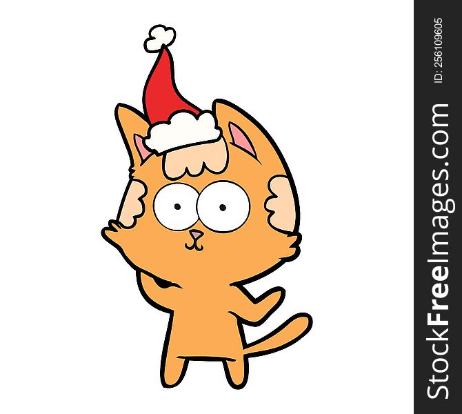 Happy Line Drawing Of A Cat Wearing Santa Hat
