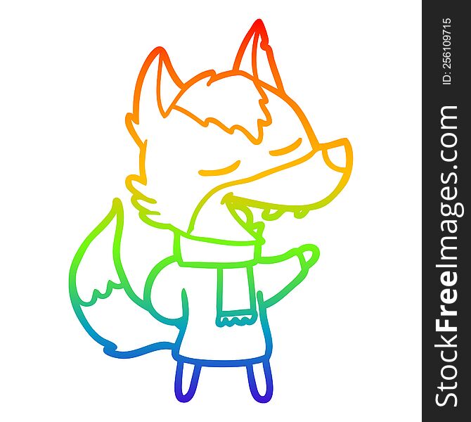 Rainbow Gradient Line Drawing Cartoon Wolf In Scarf Laughing