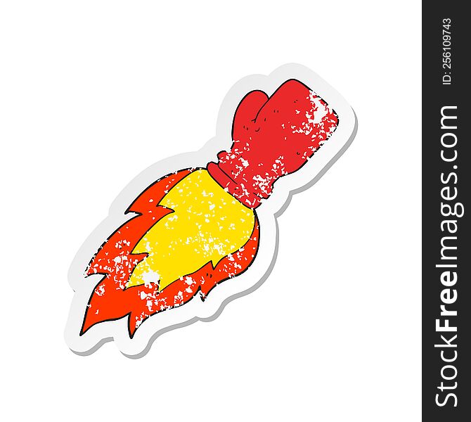 retro distressed sticker of a cartoon boxing glove flaming punch