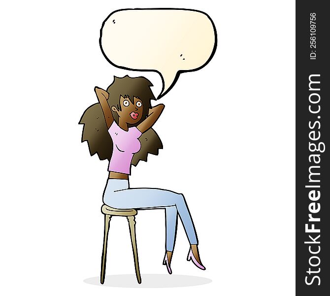 cartoon woman posing on stool with speech bubble