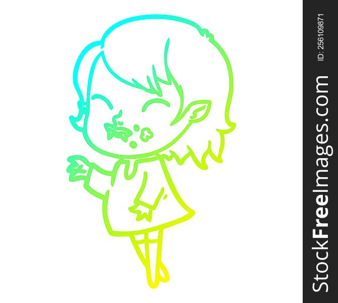 cold gradient line drawing of a cartoon vampire girl with blood on cheek