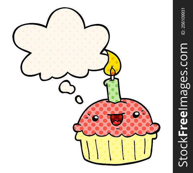 Cartoon Cupcake With Candle And Thought Bubble In Comic Book Style