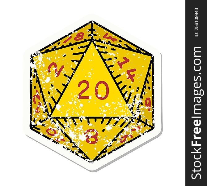 grunge sticker of a natural 20 D20 dice roll. grunge sticker of a natural 20 D20 dice roll