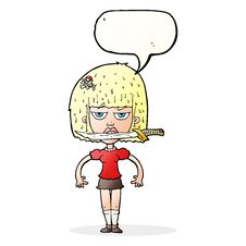 Cartoon Woman With Knife Between Teeth With Speech Bubble Royalty Free Stock Images