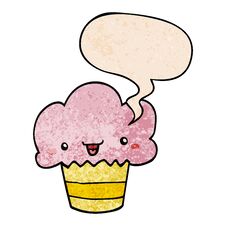 Cartoon Cupcake And Face And Speech Bubble In Retro Texture Style Stock Photography
