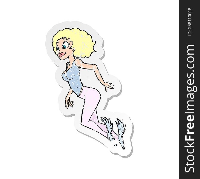 retro distressed sticker of a cartoon flying woman
