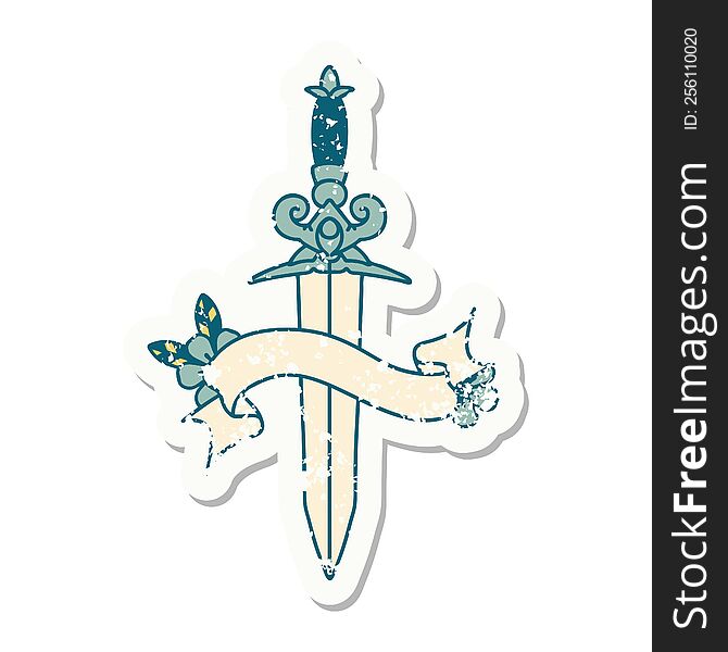 Grunge Sticker With Banner Of Dagger