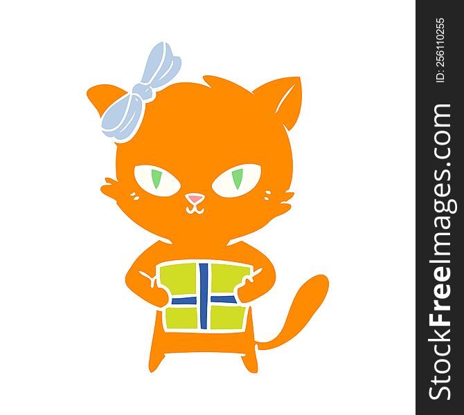 Cute Flat Color Style Cartoon Cat With Present