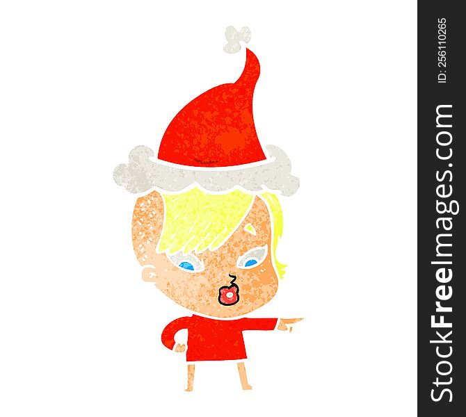 hand drawn retro cartoon of a surprised girl pointing wearing santa hat