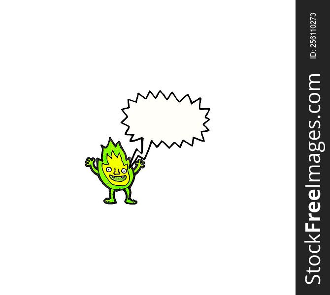 cartoon green fire creature with speech bubble