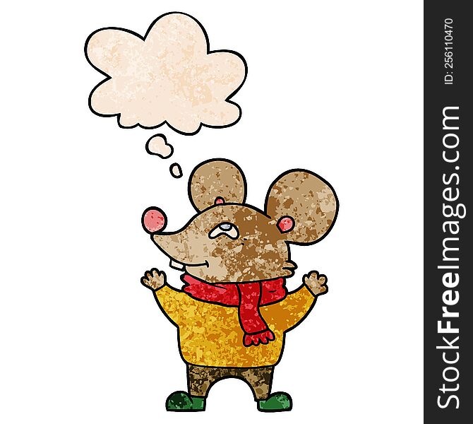 Cartoon Mouse Wearing Scarf And Thought Bubble In Grunge Texture Pattern Style