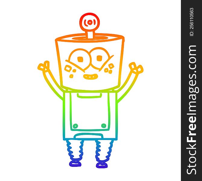 rainbow gradient line drawing of a happy cartoon robot waving hello