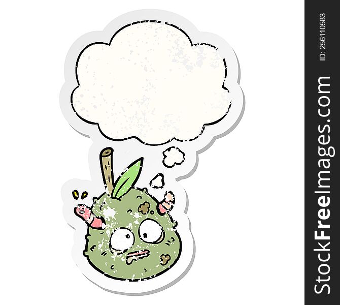 cartoon old pear with thought bubble as a distressed worn sticker