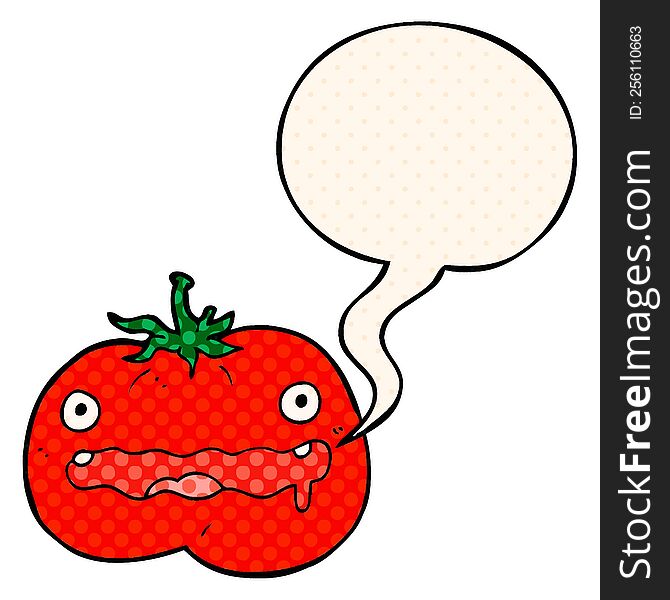 cartoon tomato with speech bubble in comic book style