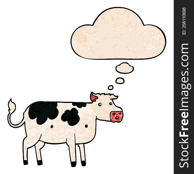 Cartoon Cow And Thought Bubble In Grunge Texture Pattern Style