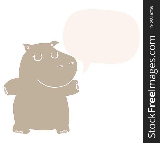 cartoon hippo with speech bubble in retro style