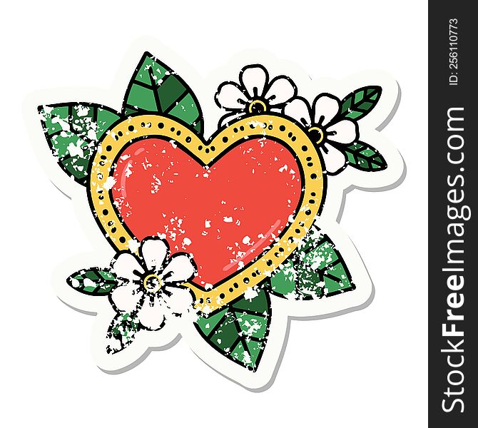 Traditional Distressed Sticker Tattoo Of A Botanical Heart
