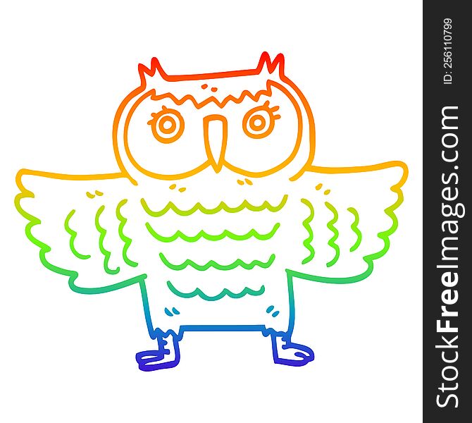 Rainbow Gradient Line Drawing Cartoon Owl With Flapping Wings