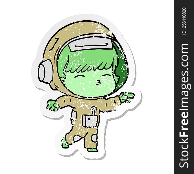 Distressed Sticker Of A Cartoon Curious Astronaut